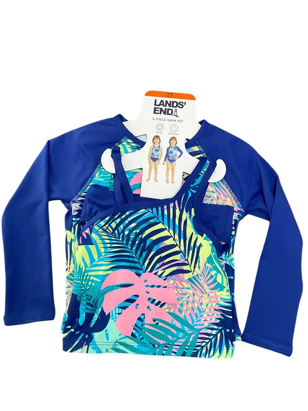 Lands' End Girls' Blue Tropical Rashguard 3 Piece Swim Set Size 2T NWT